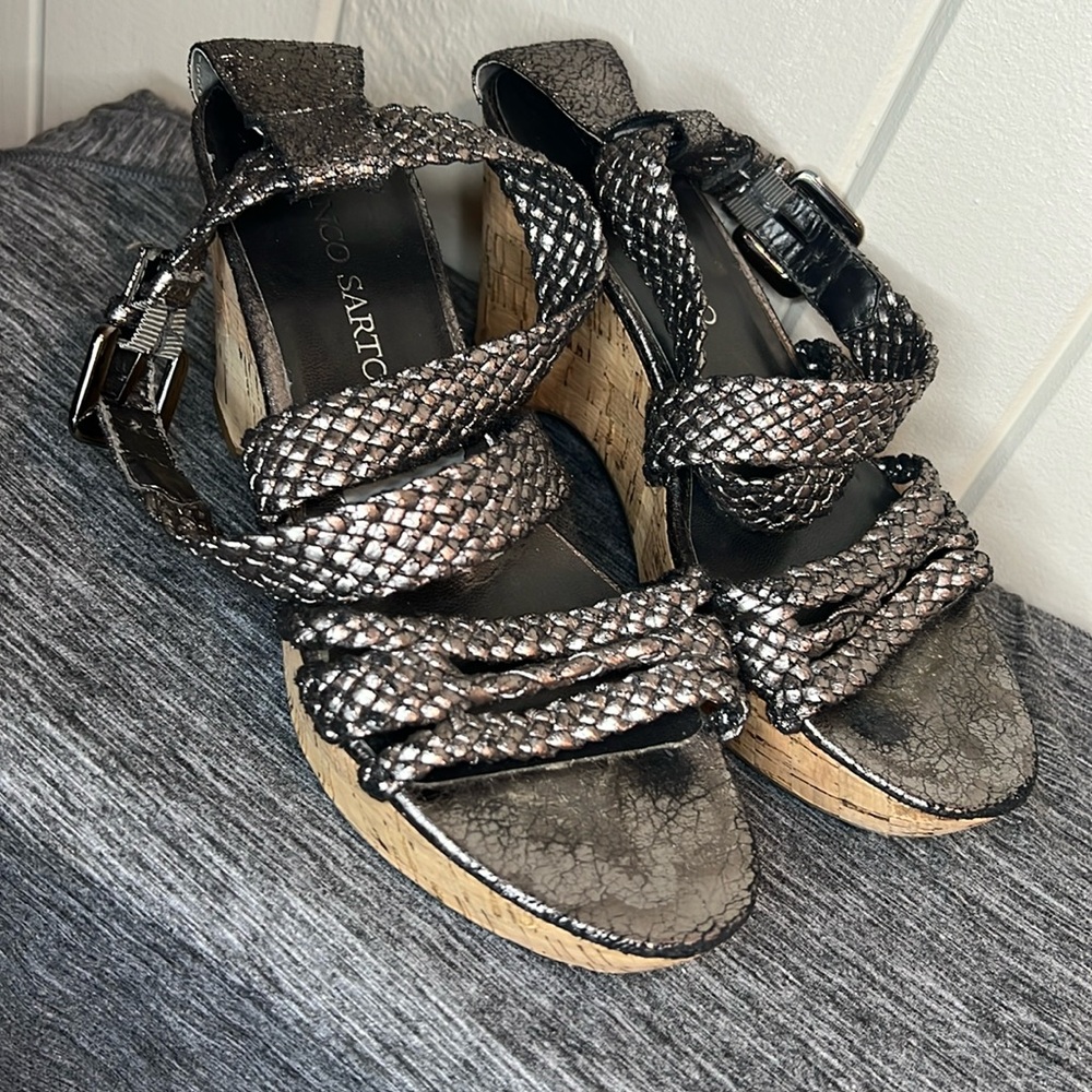 Franco Sarto Women’s Galli gray gunmetal metallic braided cork platform wedge